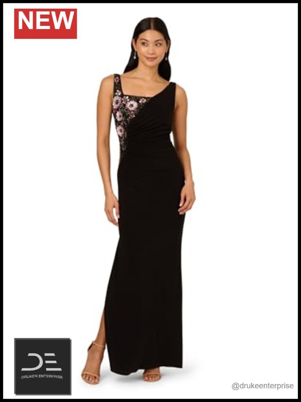 Womens Beaded Embellished Jersey Column Gown Formal Evening Dress